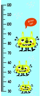 A height measurement chart shows three yellow cartoon monsters of increasing size against a cyan background, with 'GROW BIG' text in a red speech bubble and a measurement scale from 30 to 120 centimetres along the left edge.