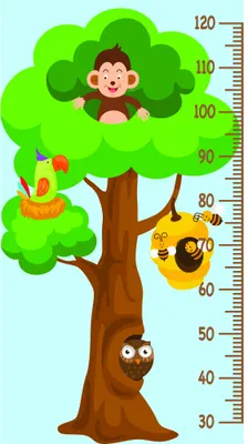 A colourful illustrated height chart featuring a large friendly tree with a monkey in the foliage, a bee, and a small tree creature on the trunk, with measurement markings from 30 to 120 centimetres along the right side.