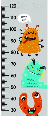 A height measurement chart with three cartoon monsters stacked vertically in orange, green, and red, each with different facial expressions and textures, against a ruler-marked grey background.