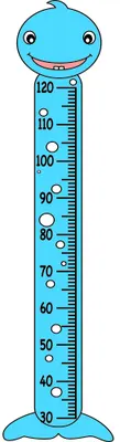 A bright blue cartoon character with a wide grin and circular eyes serves as a height measurement chart marked from 30 to 120 centimetres.