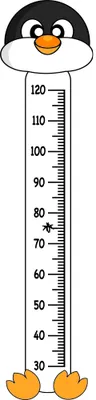 A cartoon penguin with a white belly, black back, and orange beak and feet stands next to a numbered height chart measuring from 30 to 120 centimetres.