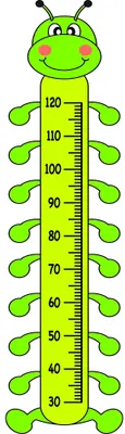A cartoon caterpillar with a smiling face and eight lime-green body segments, with a height scale running down its centre from 30cm to 120cm.