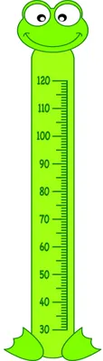A bright green cartoon frog with wide eyes and a smile presides over a vertical height measurement scale marked from 30 to 120 centimetres.