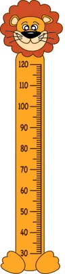 A cartoon lion with a large smiling face presides over a vertical measurement scale in shades of orange and yellow, marked from 30 to 120 centimetres.