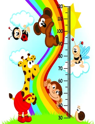 Colourful cartoon animals climbing a rainbow-striped height measurement chart marked from 30 to 120 centimetres, with clouds and grass at the base.