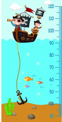 An illustrated height chart showing a wooden pirate ship with cartoon pirates floating above a sandy seabed with fish and an anchor, with measurement markings from 30 to 120 centimetres along one side.