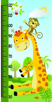 A cartoon height chart showing a yellow giraffe with red spots and a golden monkey climbing on its neck, surrounded by green plants and a sun, with measurement markings from 30 to 120 centimetres along a green ruler on the left edge.