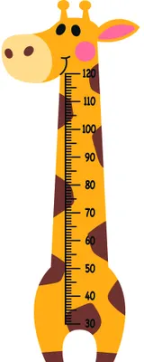 A cartoon giraffe height chart with a cream-coloured face, yellow body with brown spots, pink ear, and measurement markings running down its neck from 30 to 110 centimetres.