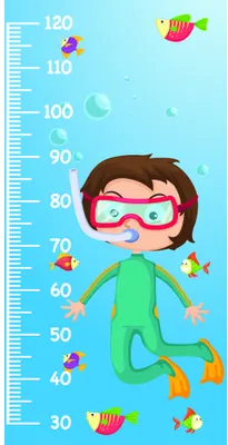 A cartoon boy wearing pink goggles and a green wetsuit snorkels amongst colourful tropical fish on a height measurement chart from 30 to 120 centimetres.