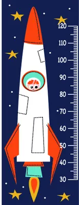 An illustrated orange and white rocket ship with stars scattered around it, marked with height measurements from 30 to 120 centimetres.
