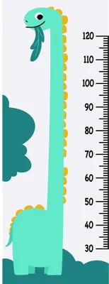 A cartoon-style giraffe in teal and soft green with yellow spots stands next to a height measurement scale numbered from 30 to 120 centimetres.