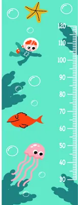 A turquoise height chart featuring cartoon-style sea creatures including a starfish, jellyfish, fish and coral, with a numbered measurement scale from 60 to 120 centimetres.