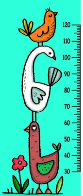 A tall vertical height chart with a bright turquoise background, featuring an orange bird at the top, a white creature in the middle, a brown pot below, and pink flowers at the base, with measurement markings from 30 to 120 centimetres.