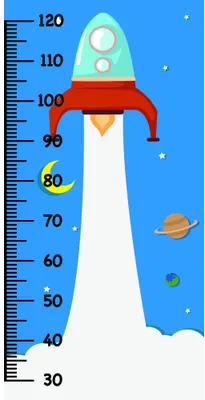 A tall white rocket with a red fin section and green window panels stands vertically against a bright blue background dotted with stars, a yellow crescent moon, and planets, with a numbered measurement scale from 30 to 120 centimetres running down the left side.