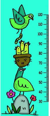 A cartoon height chart featuring a green bird perched on a yellow potted cactus, balanced on top of a round brown stone with a surprised expression, against a bright turquoise background with measurement markings from 30 to 120 centimetres.