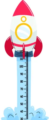 A cheerful illustrated rocket with a bright pink nose cone, yellow window, and red fins launches upward alongside a blue height measurement scale marked from 30 to 110 centimetres, surrounded by white clouds.