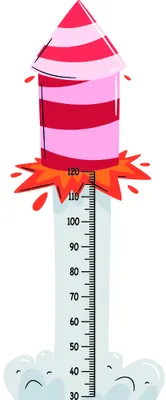 A colourful illustrated rocket ship with pink and red stripes and an orange flame base, mounted above a vertical measurement scale marked from 30 to 110 centimetres, floating above white clouds.