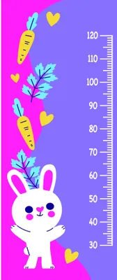 A white cartoon bunny with a simple smiling face stands at the bottom of a colourful height measurement chart decorated with yellow pencils, green leaves, and scattered yellow and pink hearts against a bright purple background.
