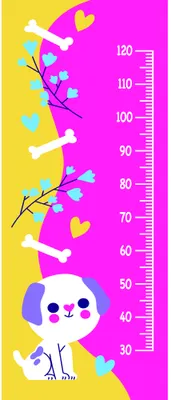 A cartoon white cat with a happy expression stands beside a numbered height ruler, surrounded by colourful confetti shapes on a pink and yellow background.