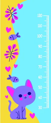 A bright height chart with a purple cat at the bottom surrounded by magenta flowers with black centres and pink hearts on a yellow and cyan background.