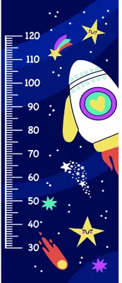 A colourful illustrated height chart showing a cartoon rocket ship with a rainbow window, surrounded by yellow stars, planets, and smaller rockets against a navy blue starry background, with measurement markings from 30 to 120 centimetres along the left side.