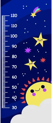 A cartoon height measurement chart featuring a smiling yellow sun with radiating spikes, white clouds, colourful stars, and measurement markings from 30 to 120 centimetres against a dark blue background.