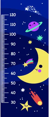 A height chart featuring a yellow crescent moon with a sleeping face, a pink and green planet, a red rocket, golden and pastel stars, and a measurement scale from 30 to 120 centimetres against a navy blue background.