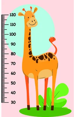 A cartoon giraffe with a smiling face stands on green grass beside a height measurement scale marked from 30 to 120 centimetres, with a small green plant at its feet against a pink background.