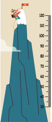 A illustrated child figure climbing a teal mountain with a measurement scale marked from 30 to 120 centimetres, holding a red flag at the summit.