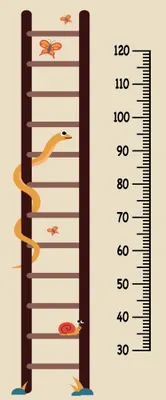 A wooden ladder with a climbing child figure and various illustrated animals positioned on the rungs, with height measurements marked from 30 to 120 centimetres along the right side.
