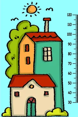 Cartoon illustration of three stacked colourful houses with a sun, climbing vines, and a height measurement scale from 30 to 120 centimetres.