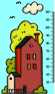 A stylised red house with a large yellow tree canopy against a light blue sky, with a height measurement scale running down the right side and a small white birdhouse at ground level.