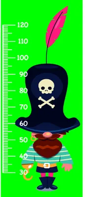 A cartoon pirate character with a skull-emblazoned hat, striped shirt, and cheerful expression stands against a bright green background with a height measurement scale marked from 30 to 120 centimetres.
