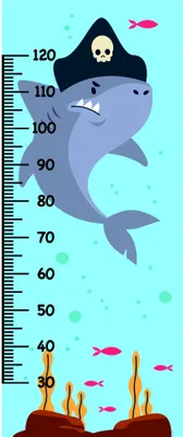 A cartoon pirate shark wearing a skull bandana looms over a height measurement scale marked from 30 to 120 centimetres, surrounded by small colourful fish and underwater plants on a light blue background.