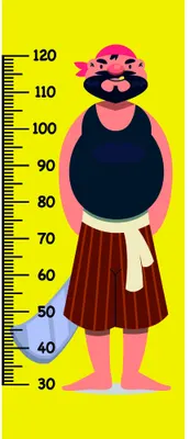 A brightly coloured illustrated character with a large round body, standing against a yellow background with height measurement markings from 30 to 120 centimetres.