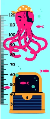 A vertical height chart illustrated with a large pink octopus in the upper section, small pink fish, and a striped orange-and-black treasure chest in the lower section against a light blue background.