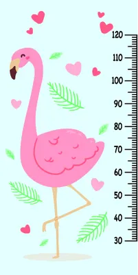 A pink illustrated flamingo stands among green palm fronds and pink hearts on a light blue background with a height measurement scale.