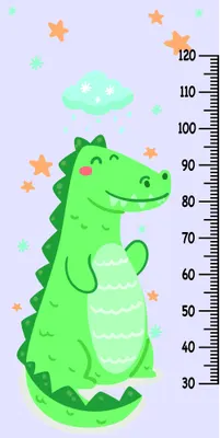 A bright green cartoon dinosaur with a cheerful smile stands next to a height measurement scale from 30 to 120 centimetres, decorated with orange and mint-coloured stars and a small UFO.