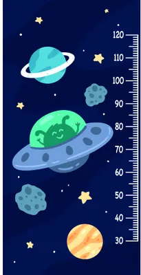 A height measurement chart featuring a blue planet with rings, a cyan ringed planet, asteroids, a sun, and yellow stars on a dark blue background with a measurement scale on the right side.