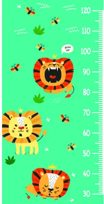 A height measurement chart featuring three illustrated lions in shades of orange and red with open mouths, surrounded by flying bees and small plants on a bright green background, marked with measurements from 30 to 120 centimetres.