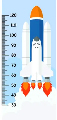 An illustrated white and blue rocket ship with orange nose cone and flame boosters, shown against a light blue background with a numbered measurement scale from 30 to 120 centimetres along the left edge.