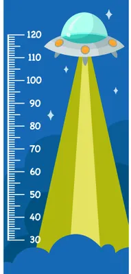 A cartoon UFO with a green tractor beam hovers above a height measurement scale numbered 30 to 120 centimetres against a deep blue starry background.