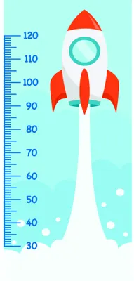 A bright red and teal rocket with circular window launches vertically beside a numbered height measurement scale from 30 to 120 centimetres on a pale blue background.
