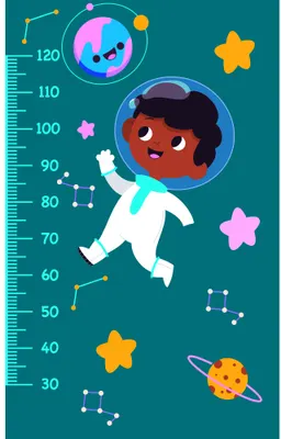 A colourful illustration of a smiling child astronaut in a white spacesuit floating among planets, stars and constellations against a teal background with a measurement scale from 30 to 120 centimetres along the left edge.