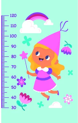 Colourful illustration of a smiling girl wearing a pink party hat, surrounded by flowers, clouds and a rainbow, with measurement scale from 30 to 120 centimetres down the left side.