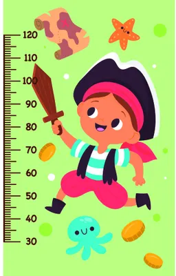 A bright cartoon illustration of a smiling child in pink and black explorer gear wielding a sword, surrounded by a starfish, octopus, coins and jellyfish against a lime green background with a height measurement scale from 30 to 120 centimetres.