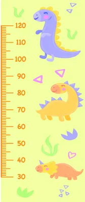 A height chart featuring three cartoon dinosaurs in purple, orange and yellow against a pale yellow background with decorative triangles and plants, with orange measurement markings from 30 to 120 centimetres along the left edge.