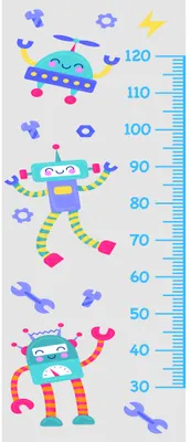 A height chart illustration featuring three stacked cartoon robots with outstretched arms, floating tools and gears, and measurement markings from 30 to 120 centimetres.