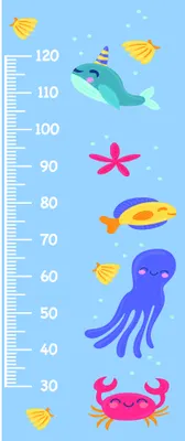 A vertical height measurement chart featuring illustrated sea creatures in shades of blue, yellow, pink and purple against a light blue background, with a scale from 30 to 120 centimetres.