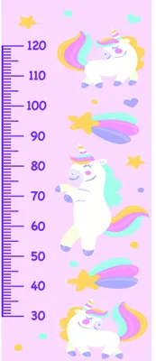 A vertical height chart with measurements from 30 to 120 centimetres, decorated with four illustrated unicorns with rainbow manes, yellow stars, and pastel-coloured cloud and heart shapes on a pink background.